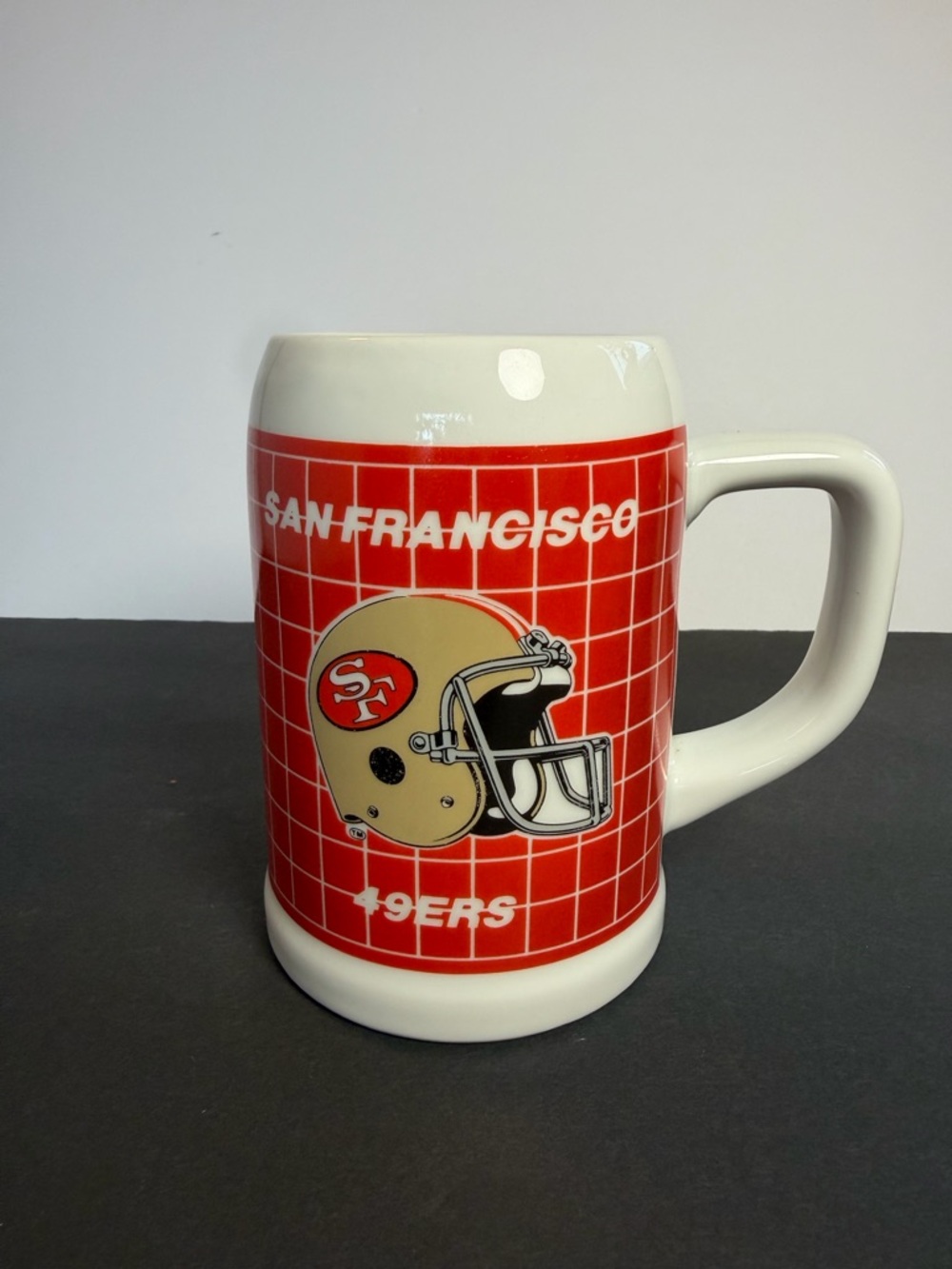 Vintage EUC SF 49ers NF Papel Ceramic Coffee Beer Mug Stein Orange Checker Board
